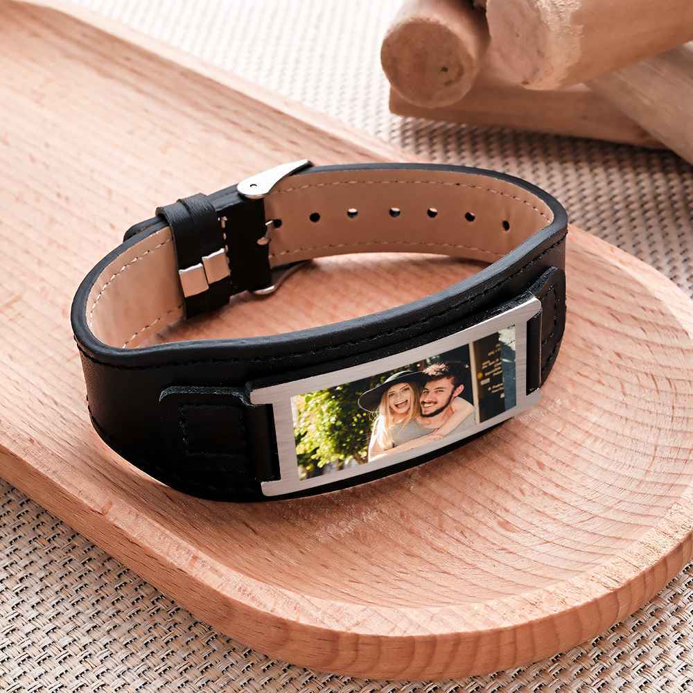 Personalized Photo Leather Bracelet Vintage Wide Bracelet For Men - yournamenecklaceau