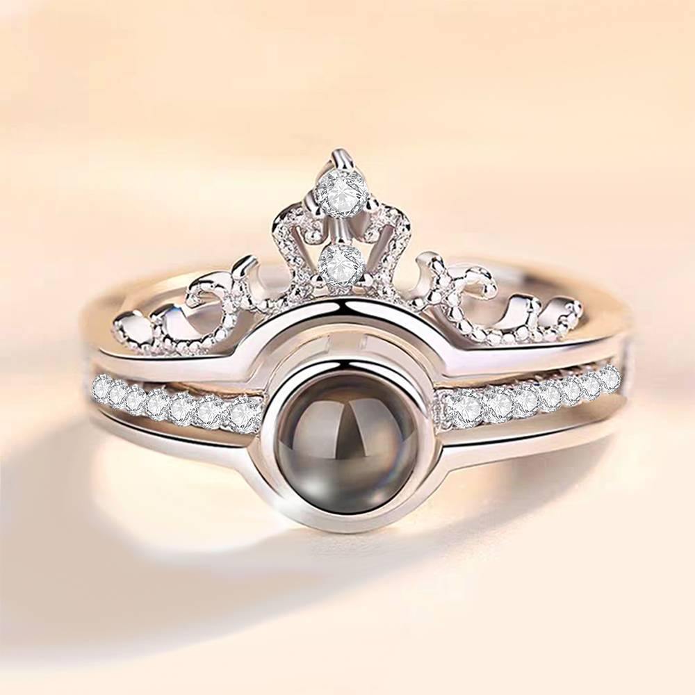 I Love You Ring in 100 Languages Projection Engraved Crown Ring, Romantic Gift Couples Two in One Silver - yournamenecklaceus