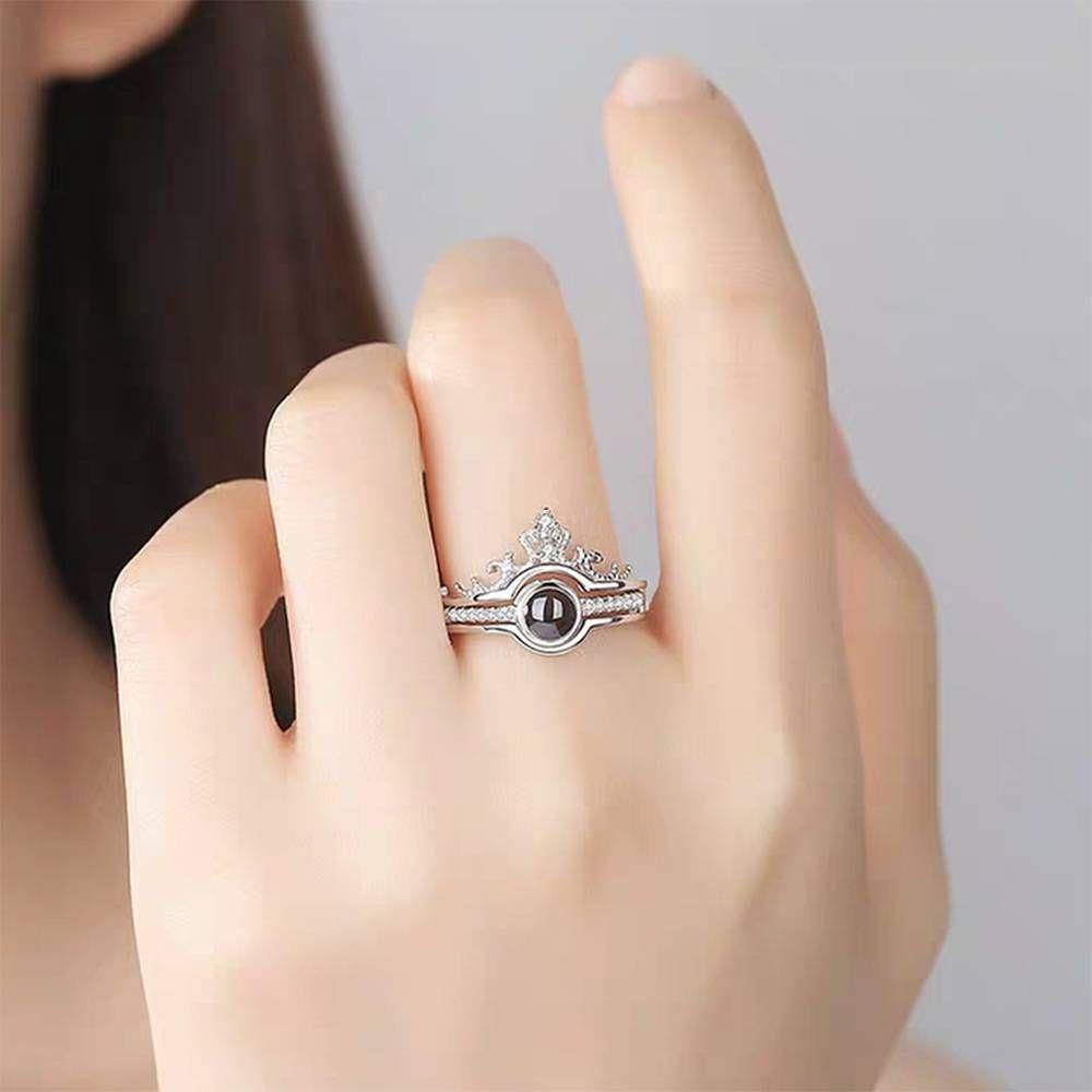 I Love You Ring in 100 Languages Projection Engraved Crown Ring, Romantic Gift Couples Two in One Silver - yournamenecklaceus