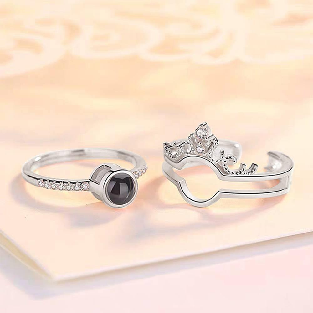 I Love You Ring in 100 Languages Projection Engraved Crown Ring, Romantic Gift Couples Two in One Silver - yournamenecklaceus