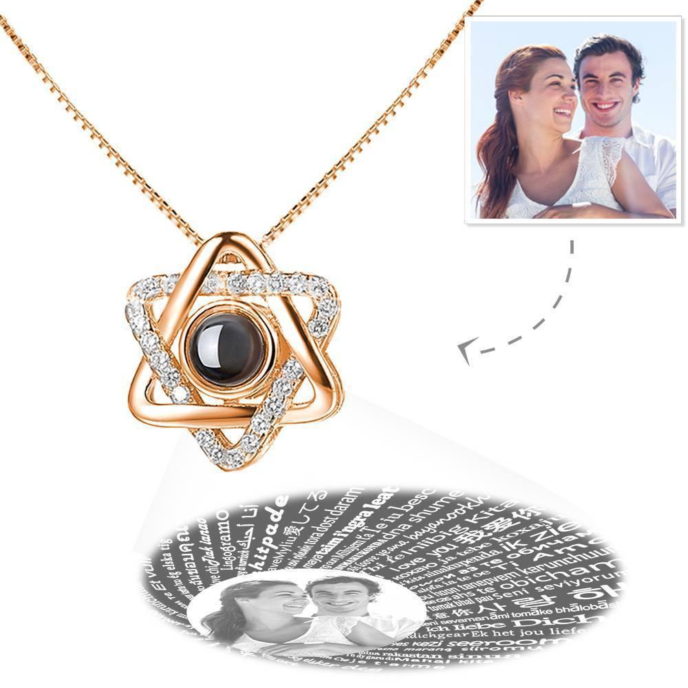 I Love You Necklace in 100 Languages Projection Photo Engraved Necklace Six-star Silver - yournamenecklace