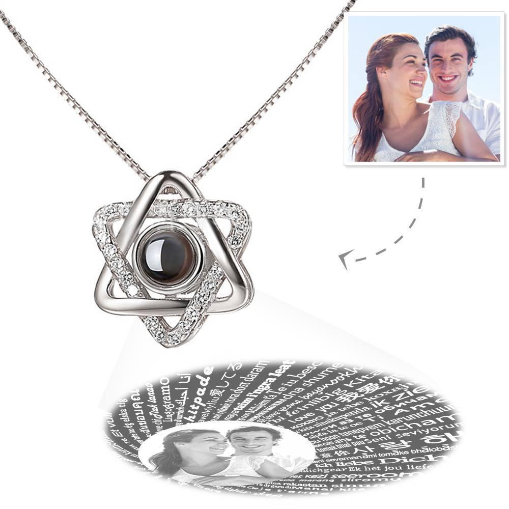 I Love You Necklace in 100 Languages Projection Photo Engraved Necklace Six-star Silver - yournamenecklace