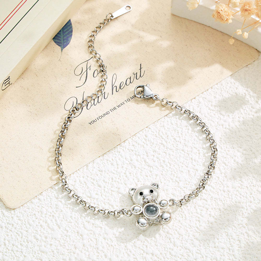 Fall in Love Teddy Bear Personalized Photo Projection Sterling Silver Bracelet - yournamenecklaceau