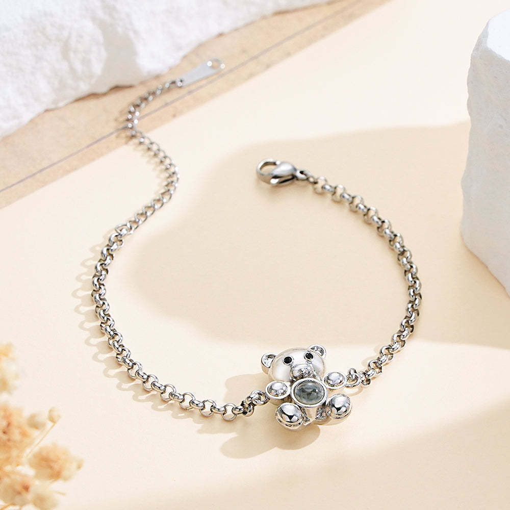Fall in Love Teddy Bear Personalized Photo Projection Sterling Silver Bracelet - yournamenecklaceau