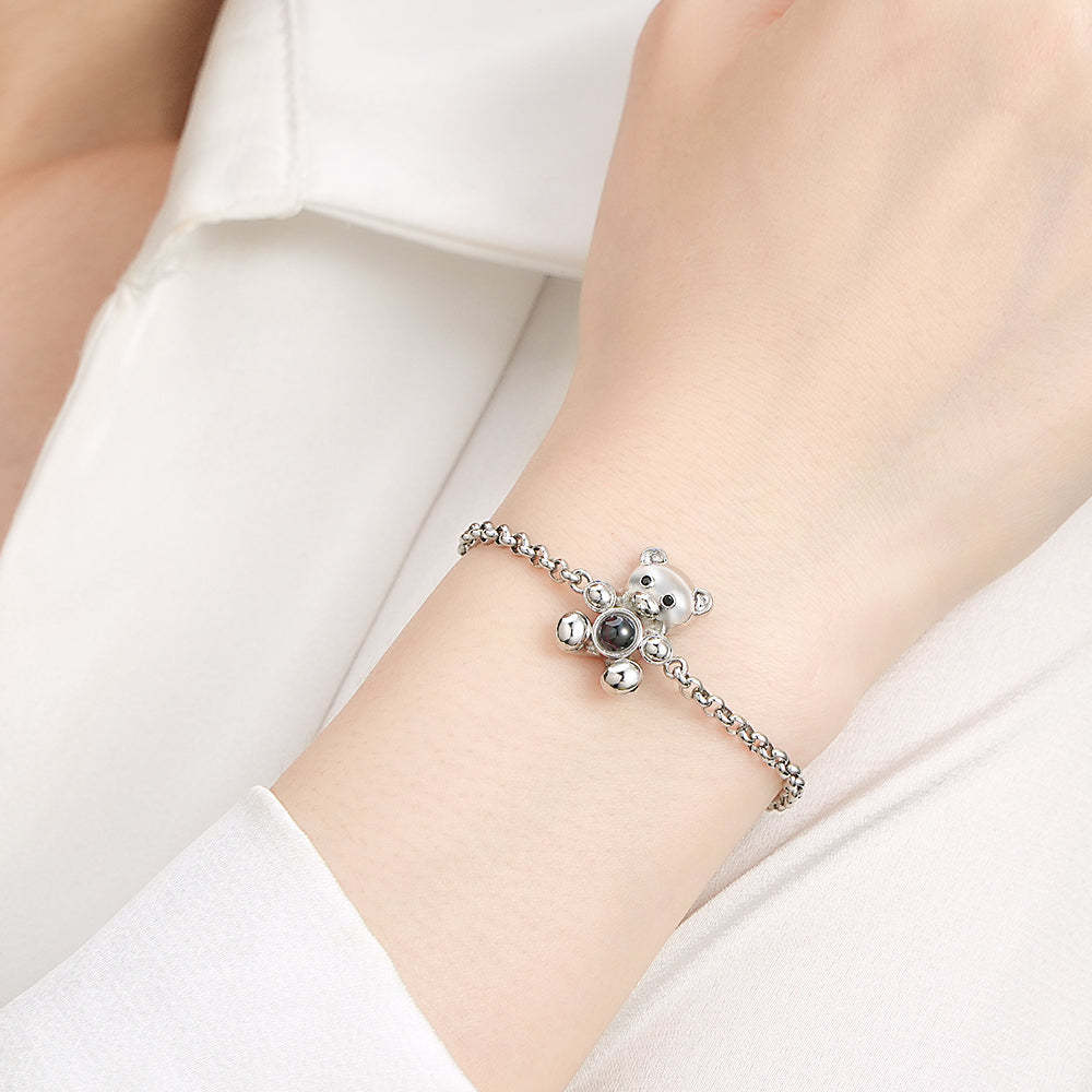 Fall in Love Teddy Bear Personalized Photo Projection Sterling Silver Bracelet - yournamenecklaceau