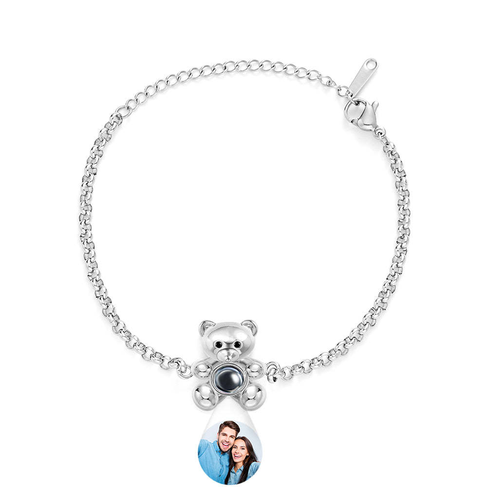 Fall in Love Teddy Bear Personalized Photo Projection Sterling Silver Bracelet - yournamenecklaceau