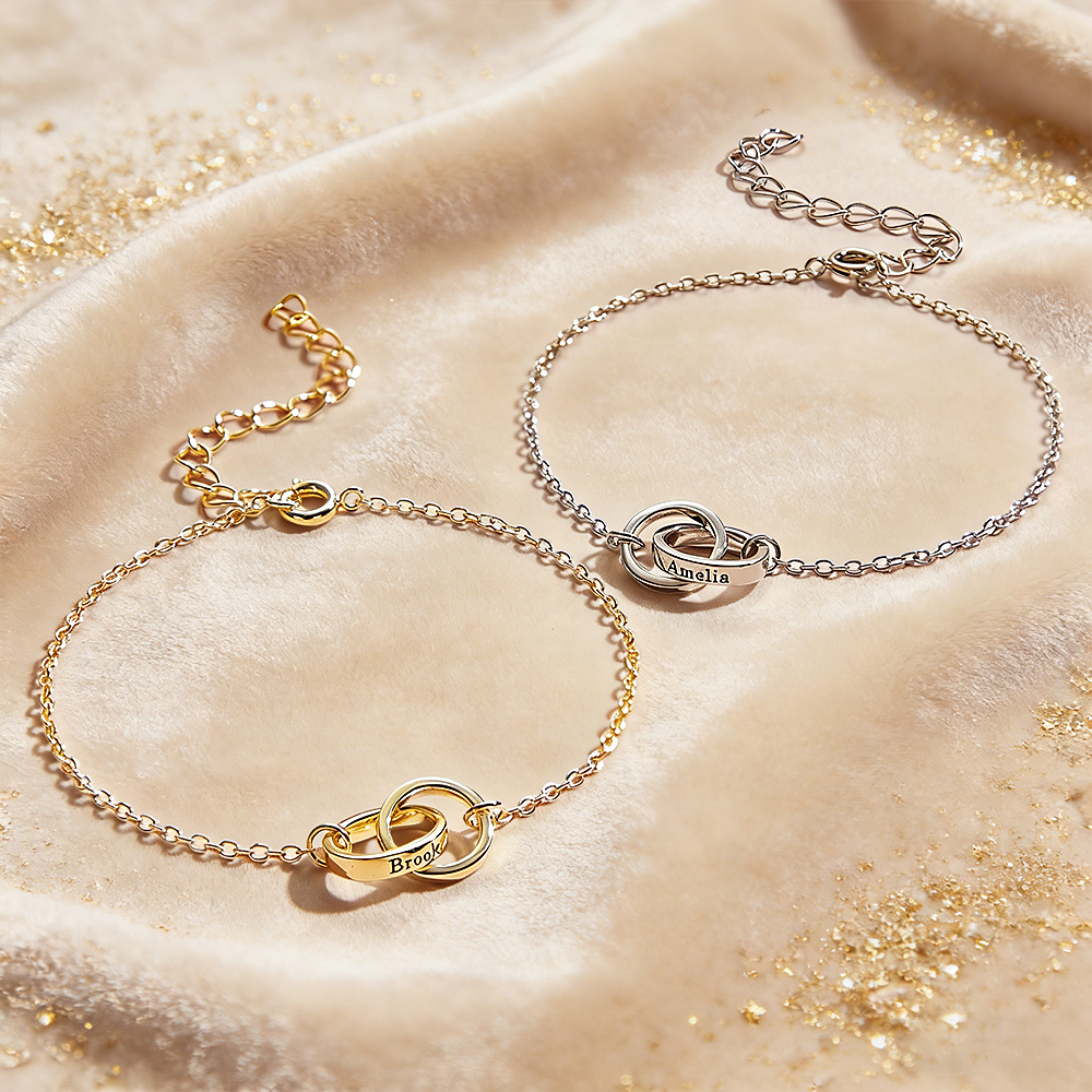 Custom Circle Name Bracelet Engraved Name Bracelet Interlocking & Circle Bracelet  Eternity Linked 2 Ring Bracelet  Anniversary Gift