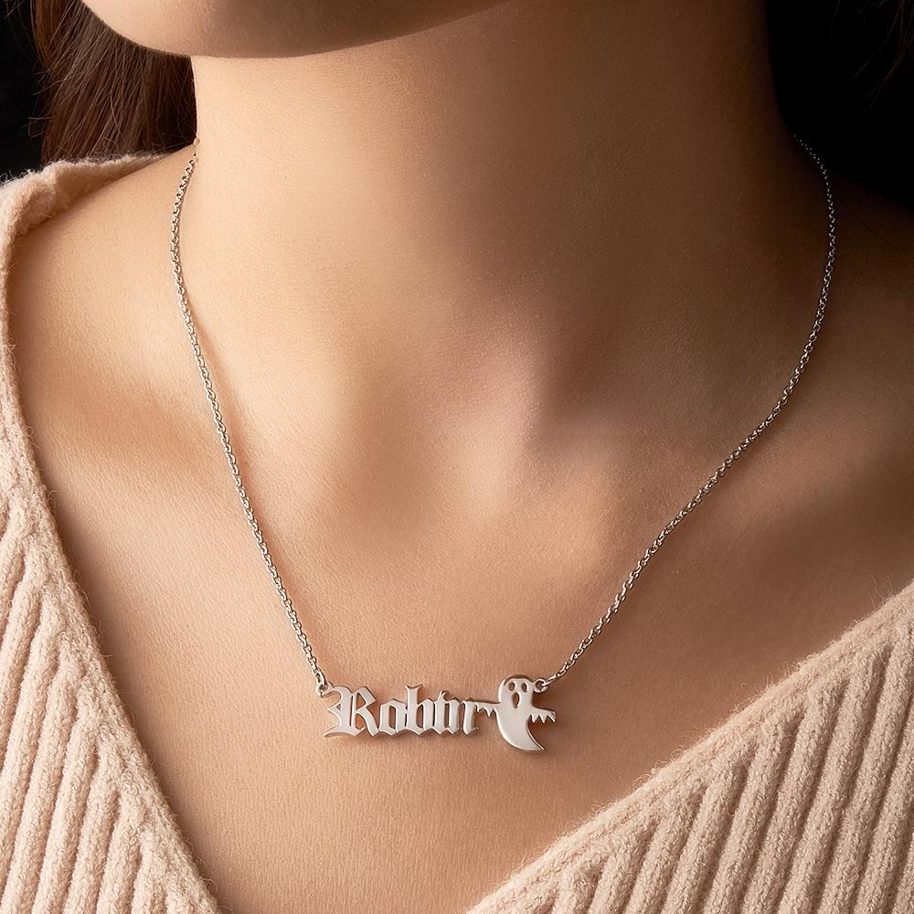 Personalized Ghost Name Necklace Custom Old English Gothic Font Pendant Necklace Minimalist Ghost Jewelry Spooky Halloween Gift for Kids - yournamenecklaceau