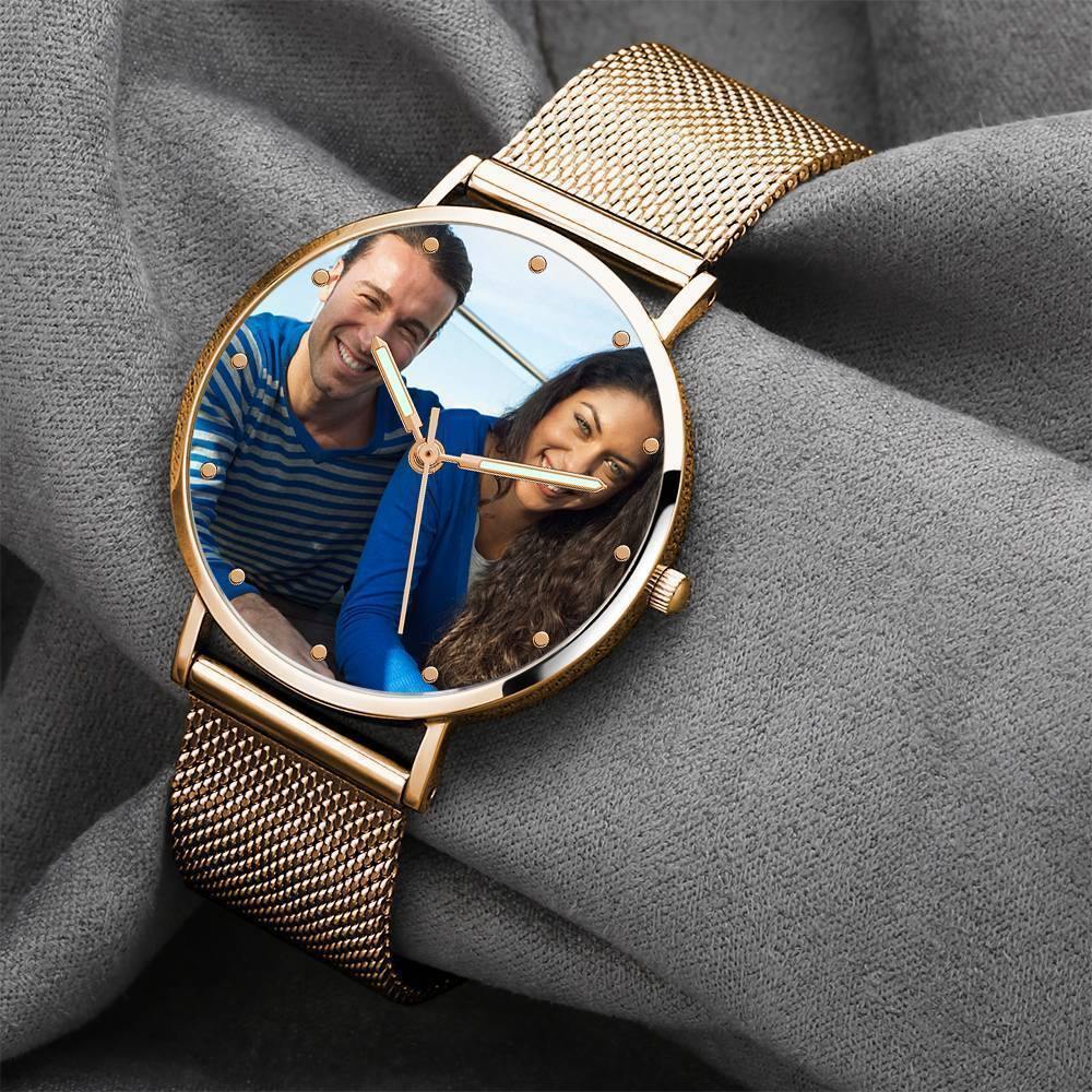 Engraved Photo Watch with Luminous Pointer Rose Gold Alloy Bracelet Photo Watch 40mm - Unisex - us