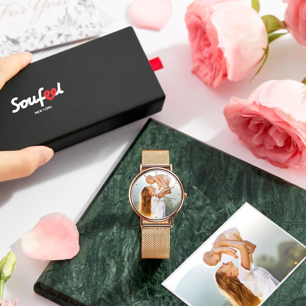 Women's Engraved Rose Gold Alloy Bracelet Photo Watch 36mm - us