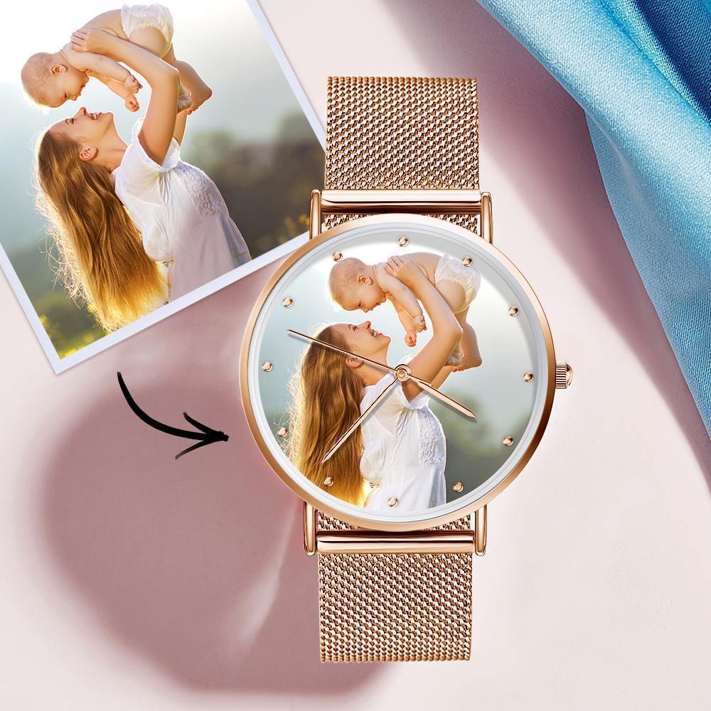 Women's Engraved Rose Gold Alloy Bracelet Photo Watch 36mm - us