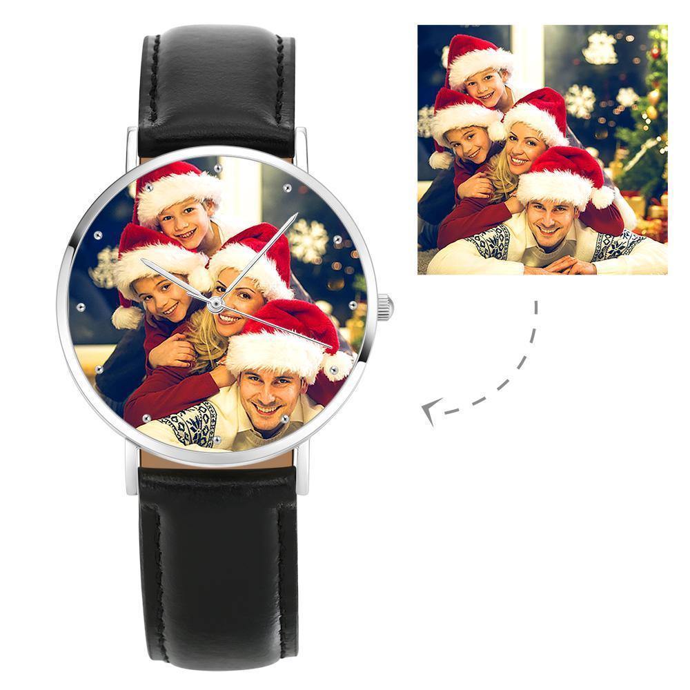 Unisex Engraved Photo Watch Black Leather Strap 40mm - us