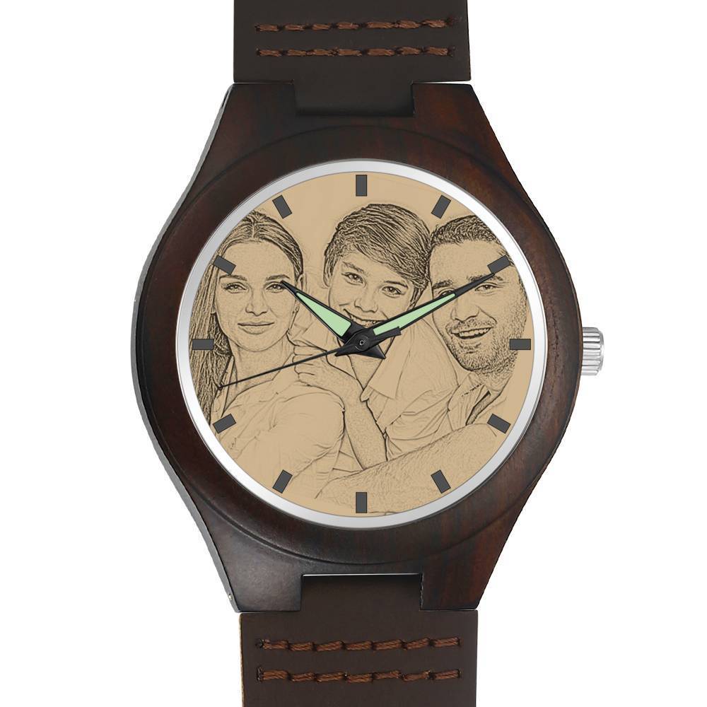 Men's Engraved Wooden Photo Watch Brown Leather Strap 45mm