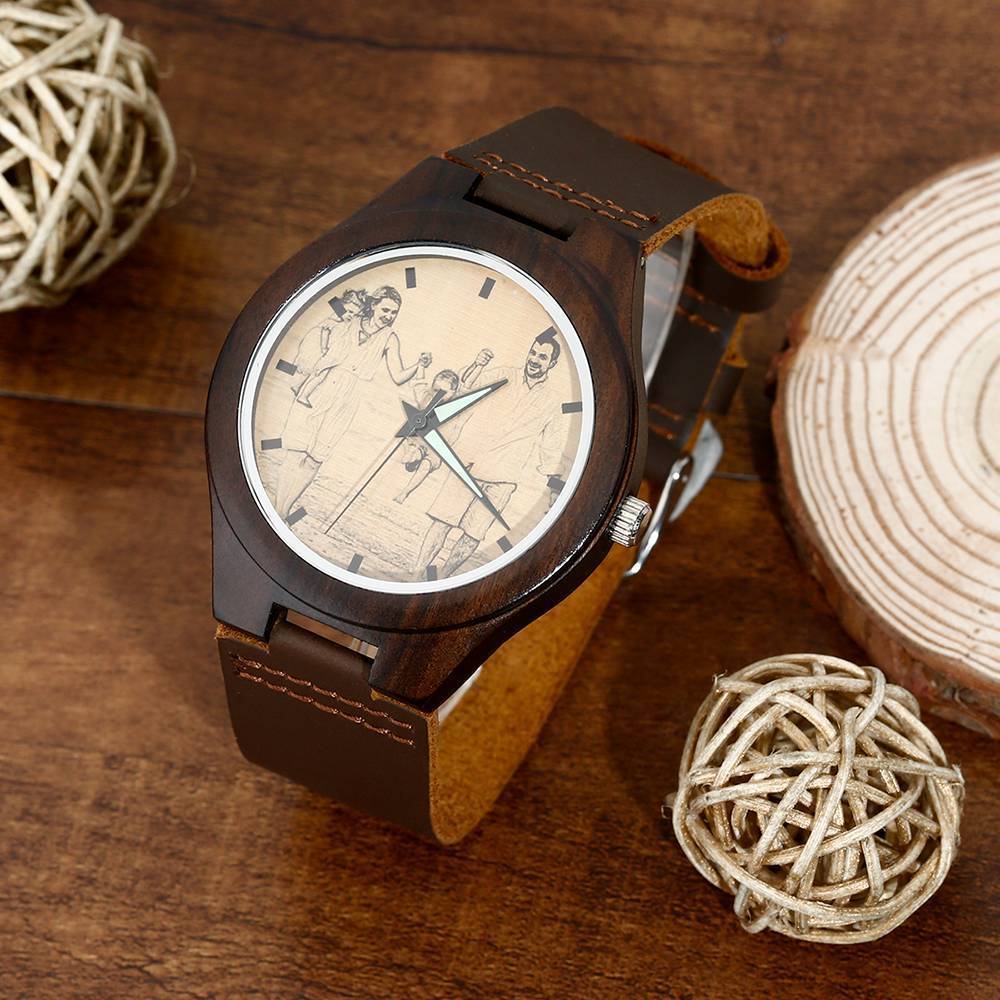 Men's Engraved Wooden Photo Watch Brown Leather Strap 45mm