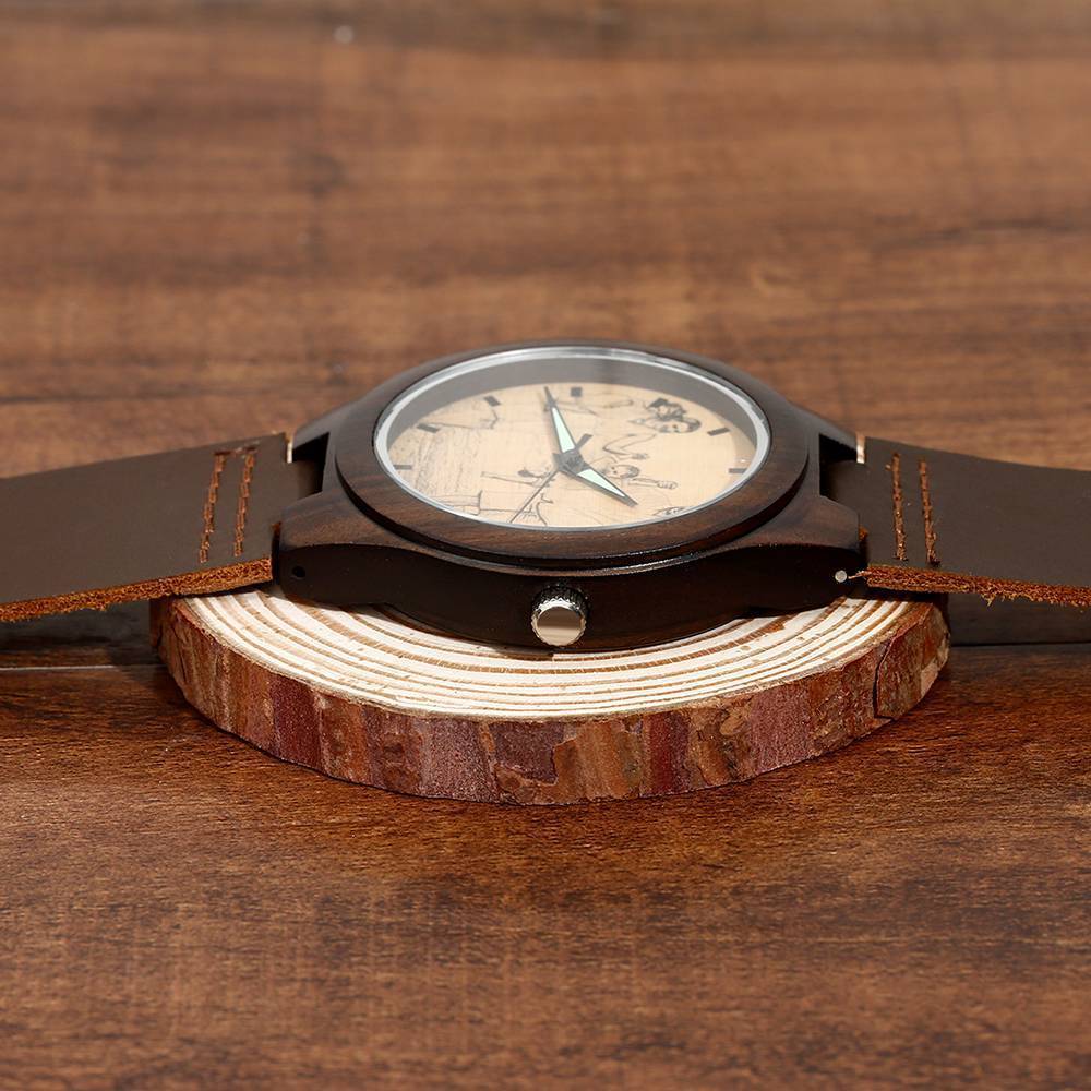 Men's Engraved Wooden Photo Watch Brown Leather Strap 45mm