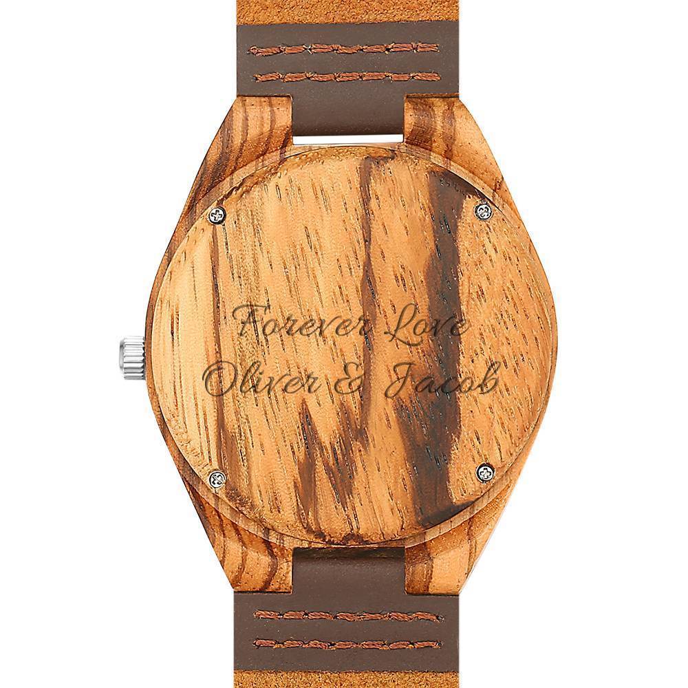 Men's Engraved Wooden Photo Watch Brown Leather Strap 45mm