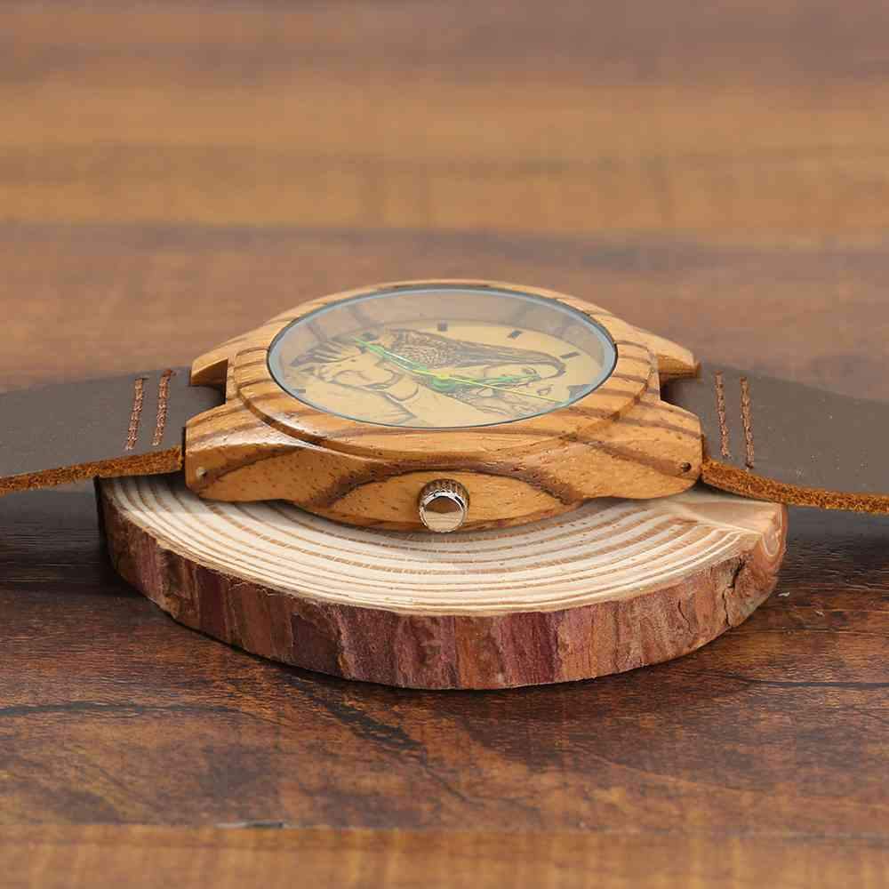 Men's Engraved Wooden Photo Watch Brown Leather Strap 45mm