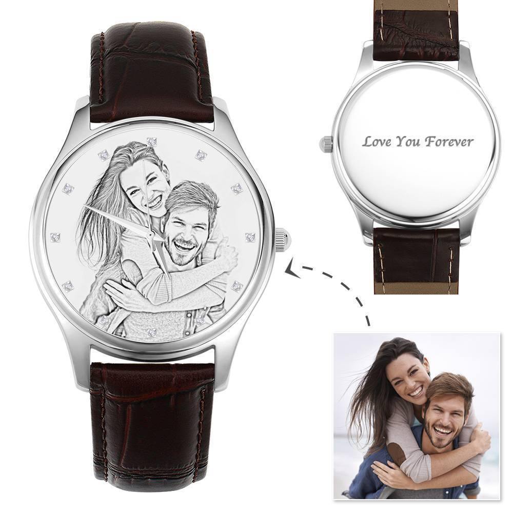 Men's Engraved Photo Watch 43mm Brown Leather Strap - Sketch - us