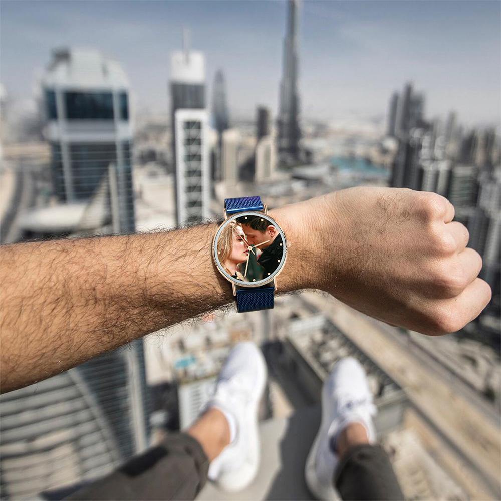 Personalized Engraved Watch, Photo Watch with Blue Strap - Gift for Boyfriend - us