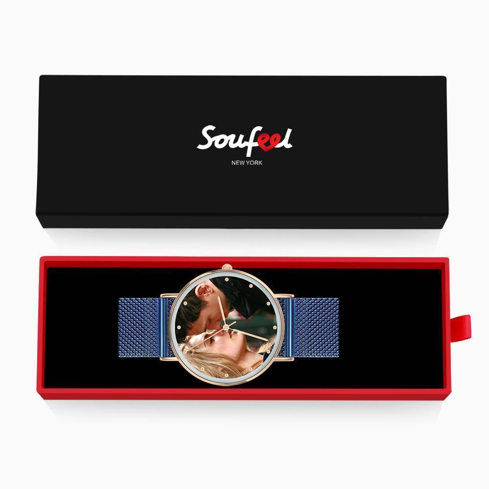 Personalized Engraved Watch, Photo Watch with Blue Strap - Gift for Boyfriend - us