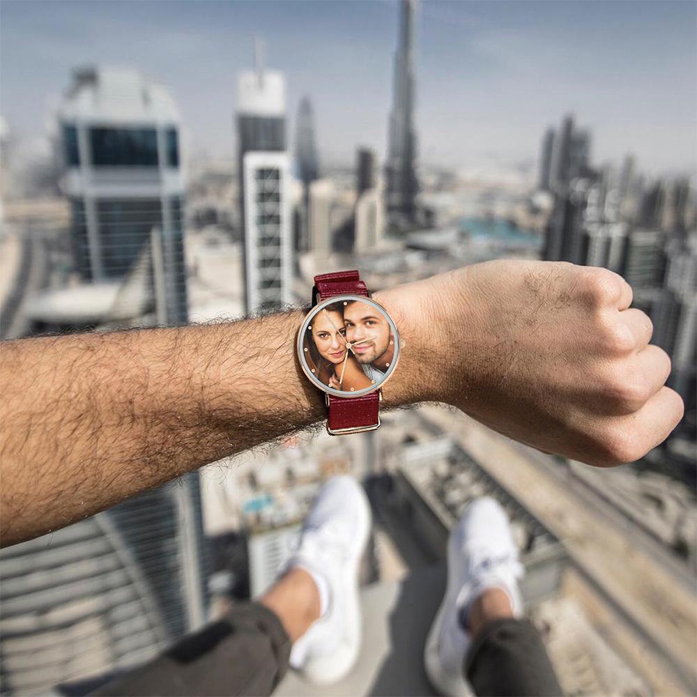 Personalized Engraved Watch, Photo Watch with Red Strap - Gift for Boyfriend - us