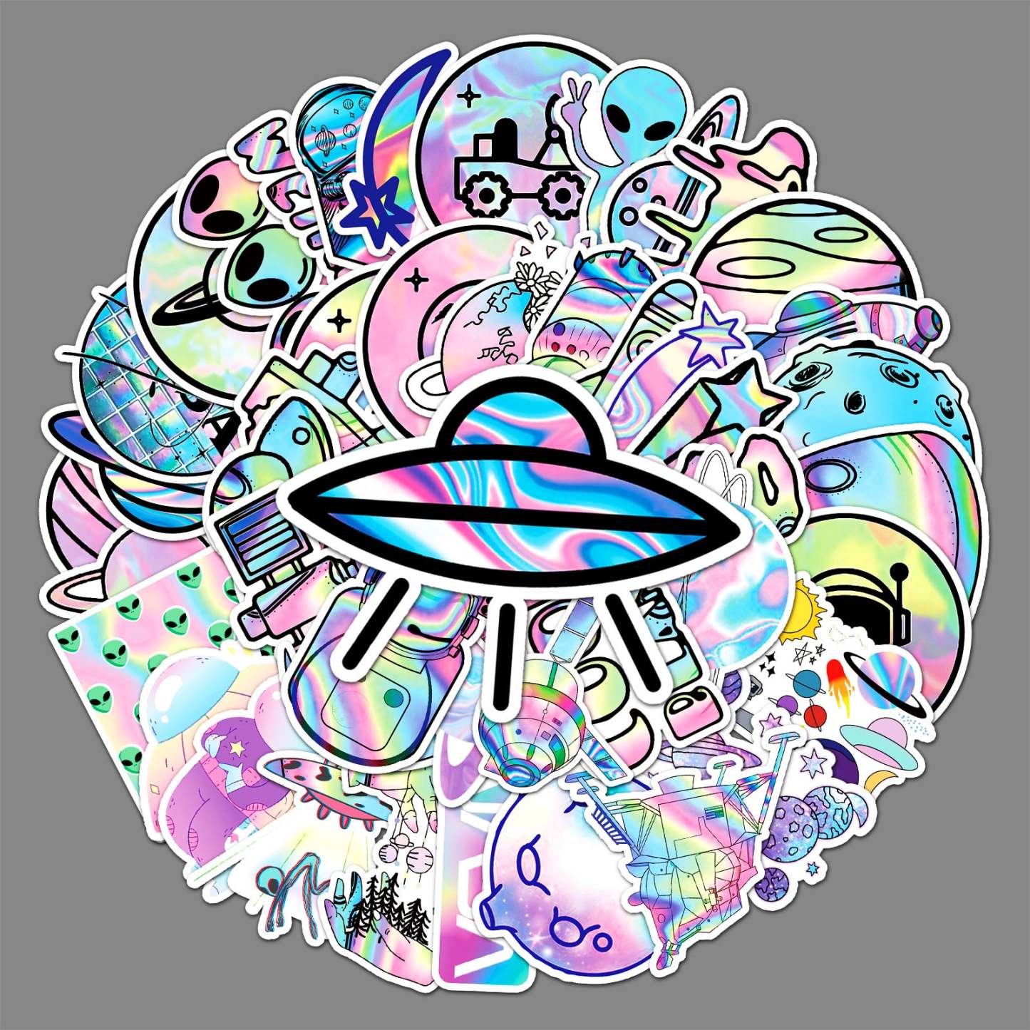 50Pcs Laser Stickers Pack Spaceship 4-6cm - yournamenecklaceau