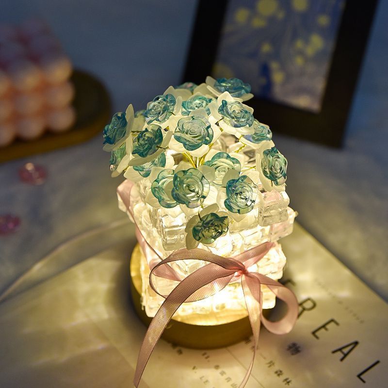 Crystal Rose Night Light USB Desk Lamp Translucent Flower Bouquet LED Mood Lamp Mini Rose Bouquet Nightlight Valentine's Gifts - NameNecklaceAU