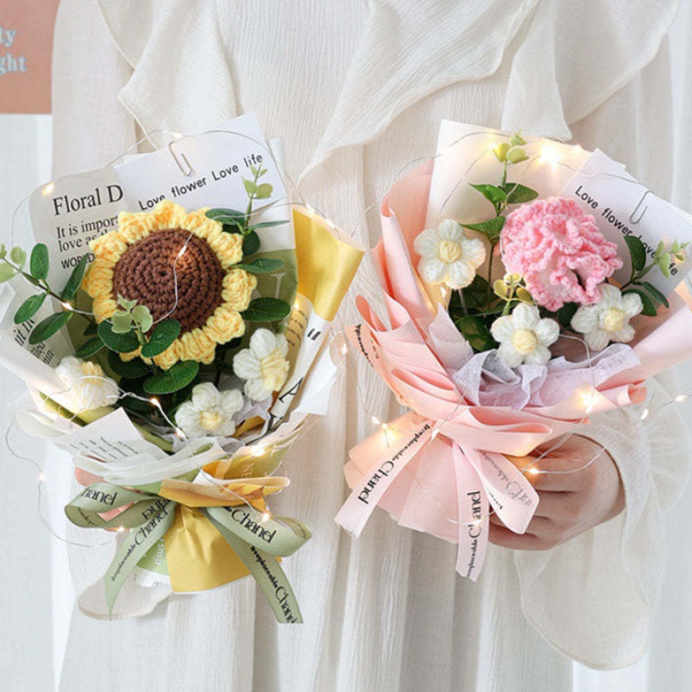Crochet Flowers Bouquet Handmade Knitted Bouquet with Light Strip Gift for Teacher Mother Lover - yournamenecklaceau