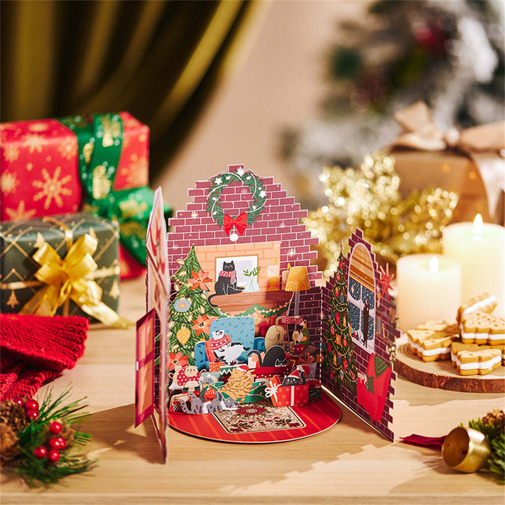 Christmas 3D Pop Up Card Christmas Cat Flower Box Greeting Card - yournamenecklaceau