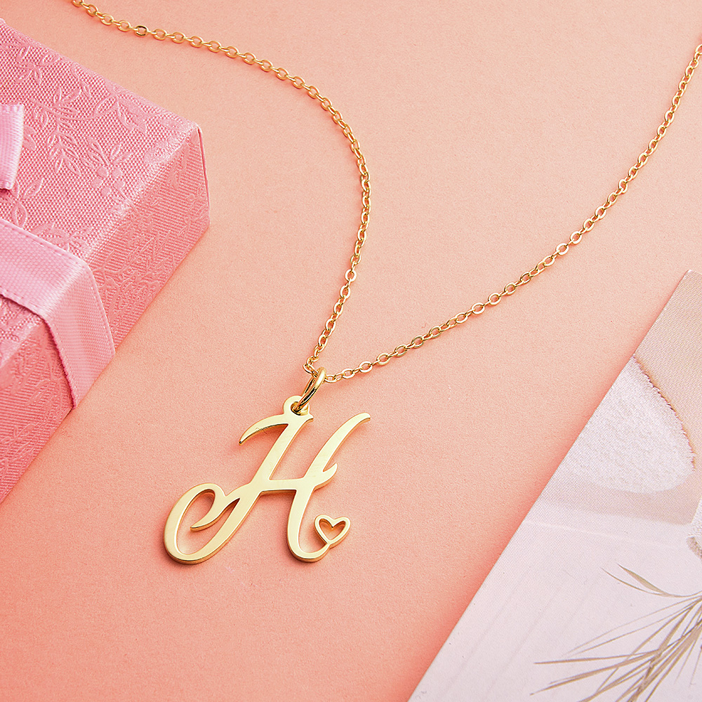 Custom Letter Necklace – Personalized Single Letter Pendant Simple Letter Necklace with Heart Accent  Gift For Women