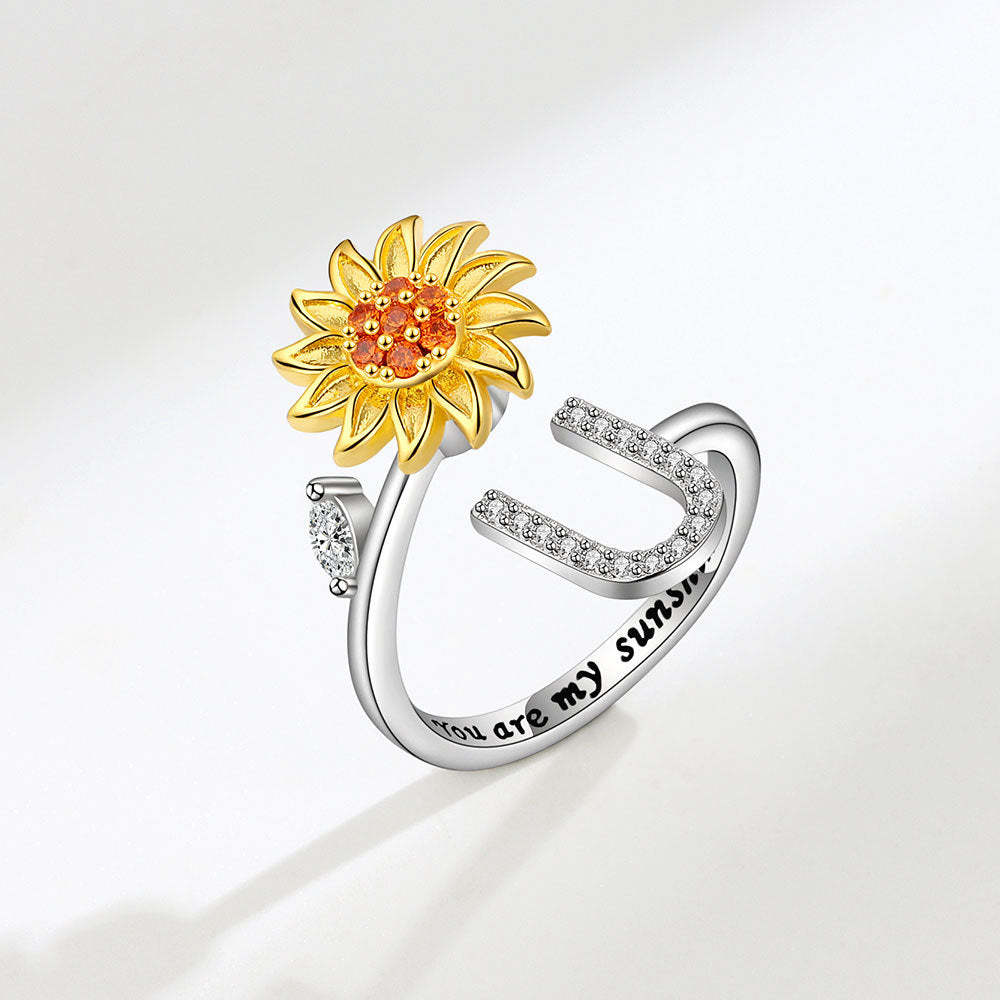 Spinner Ring Sunflower Initial Letter Adjustable Anxiety Fidget Rings for Relieving Stress Ring for Women - yournamenecklaceau