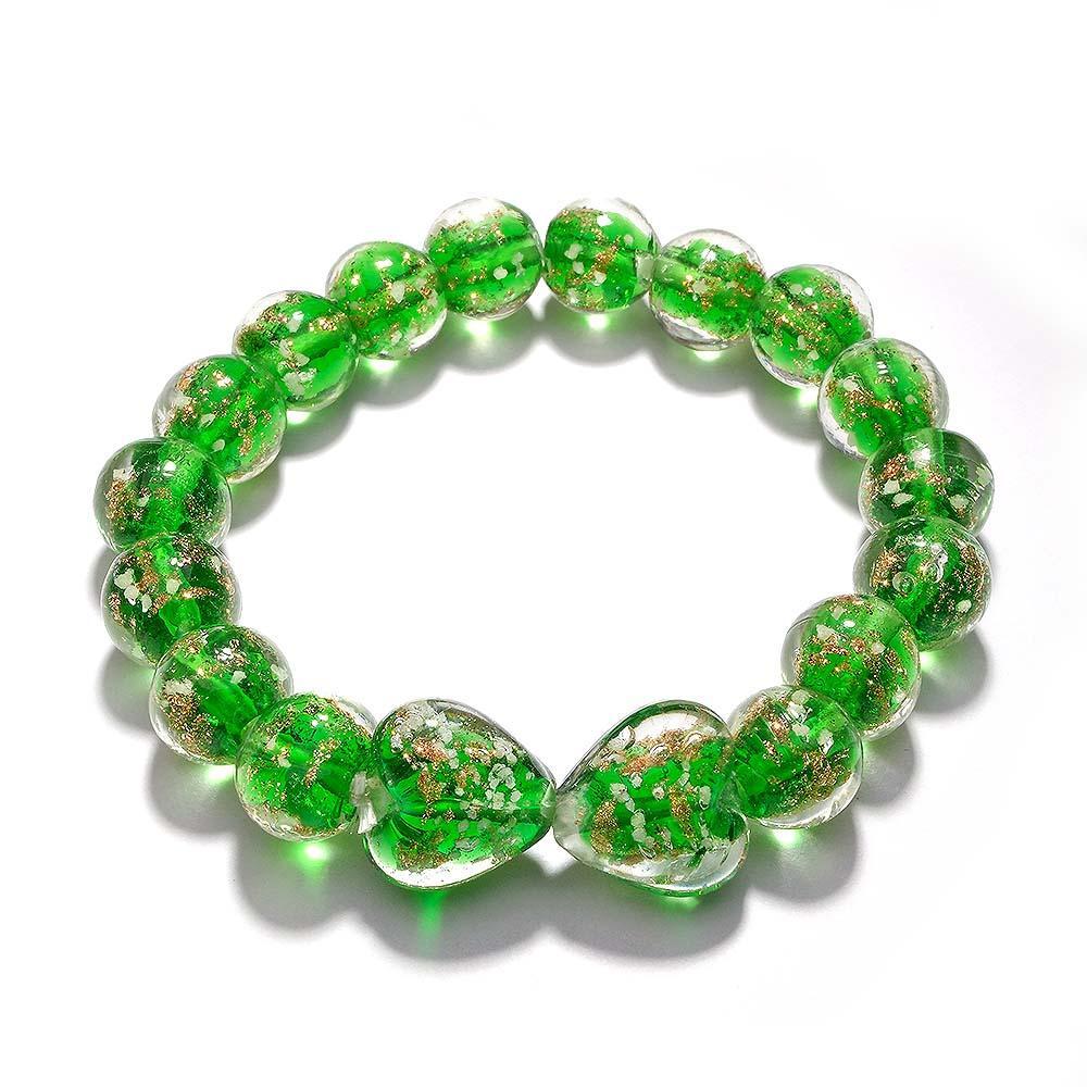 Grass Green Heart-to-Heart Firefly Glass Stretch Beaded Bracelet Glow in the Dark Luminous Bracelet - yournamenecklaceau