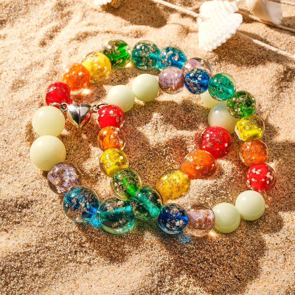 Rainbow Couple's Firefly Glass Stretch Beaded Bracelet Glow in the Dark Luminous Bracelet - yournamenecklaceau