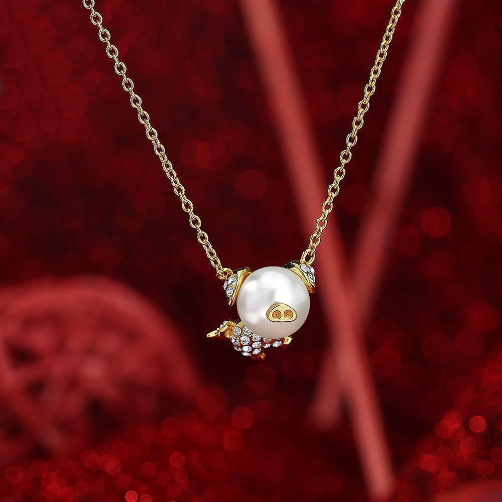 Pearl Pig Pendant Necklace 14K Gold Plated Silver - soufeelus