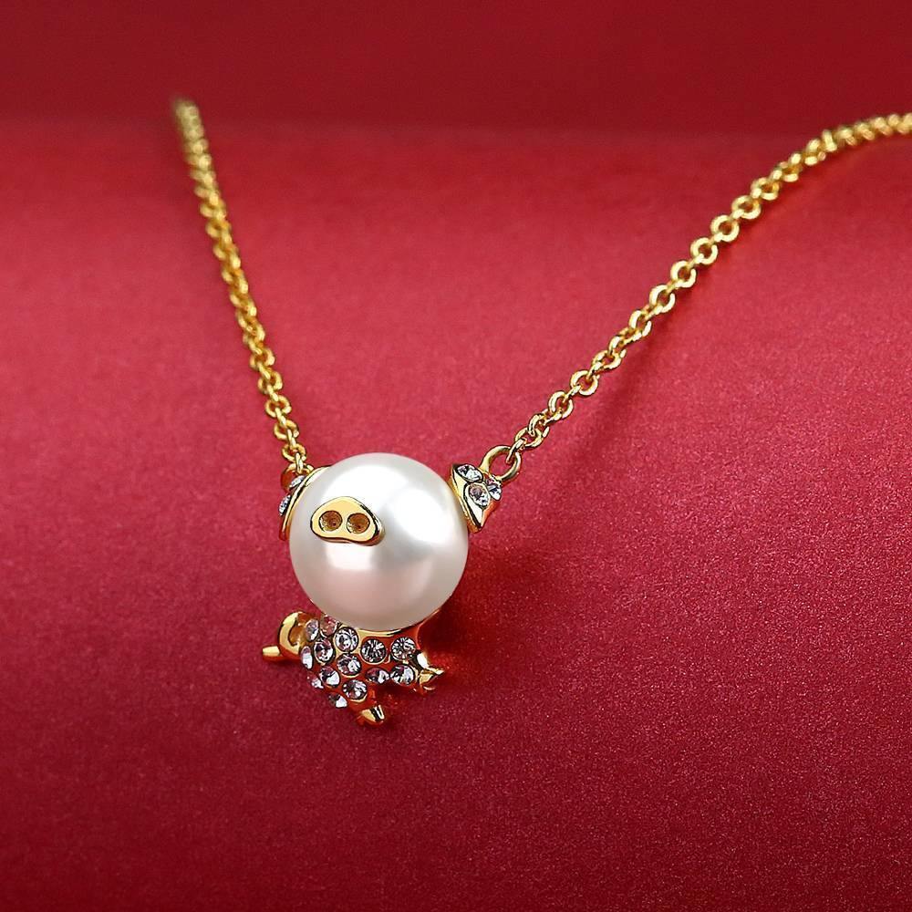 Pearl Pig Pendant Necklace 14K Gold Plated Silver - soufeelus