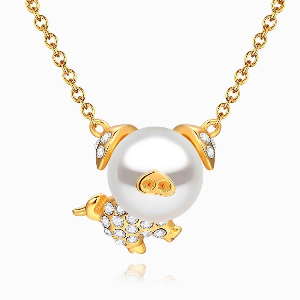 Pearl Pig Pendant Necklace 14K Gold Plated Silver - soufeelus