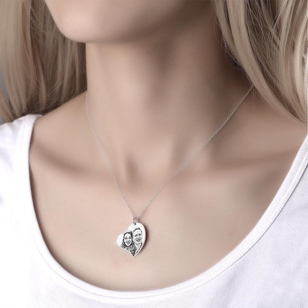 Engraved Heart Pendant Photo Necklace Silver