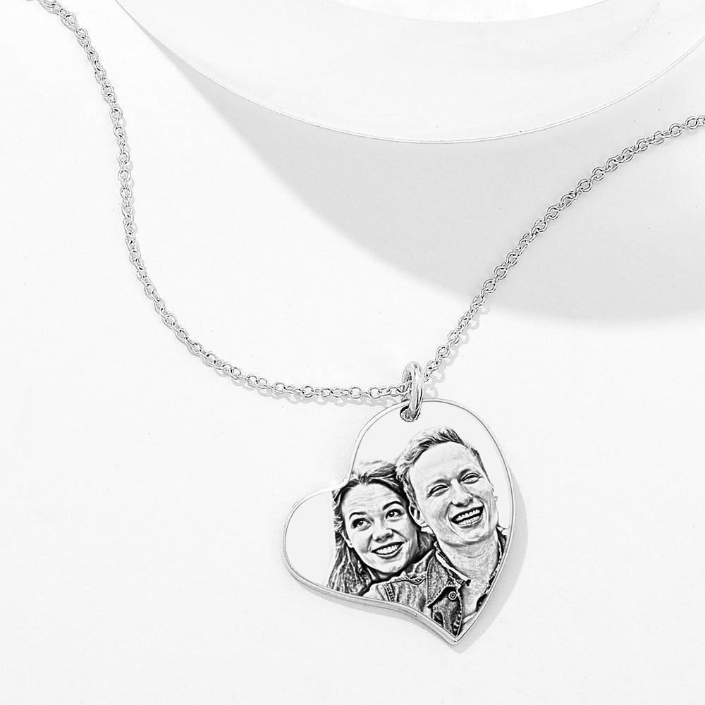 Engraved Heart Pendant Photo Necklace Silver