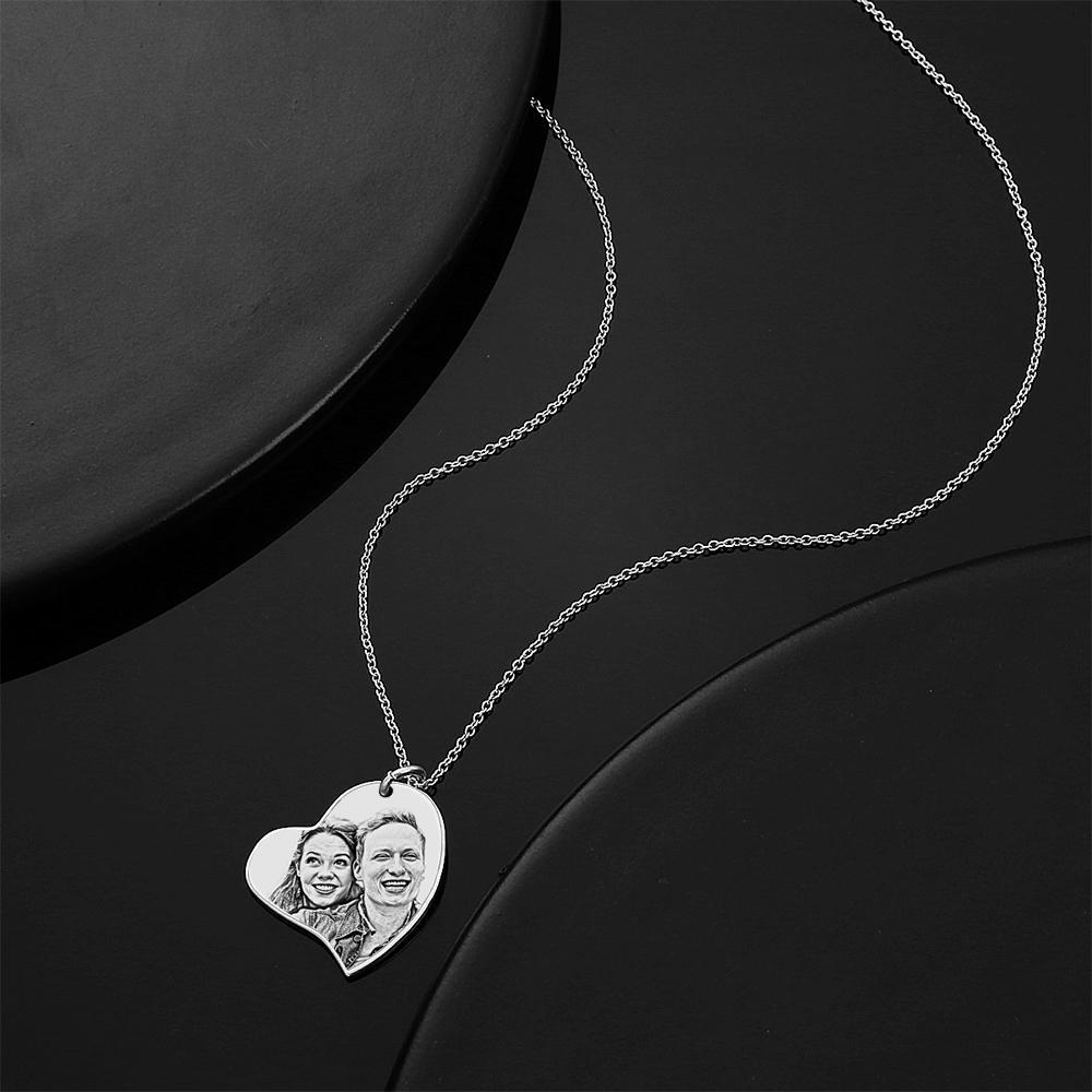 Engraved Heart Pendant Photo Necklace Silver