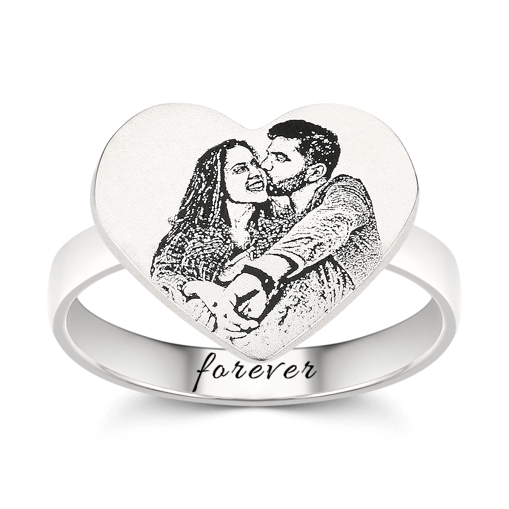Heart Photo Engraved Ring with Engraving Platinum Plated Silver - yournamenecklaceus