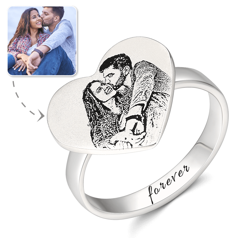 Heart Photo Engraved Ring with Engraving Platinum Plated Silver - yournamenecklaceus