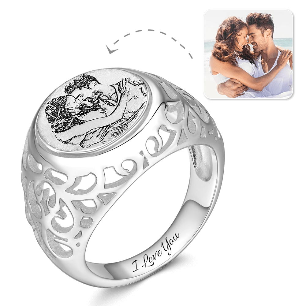 Women's Photo Engraved Ring with Engraving Silver - yournamenecklaceus