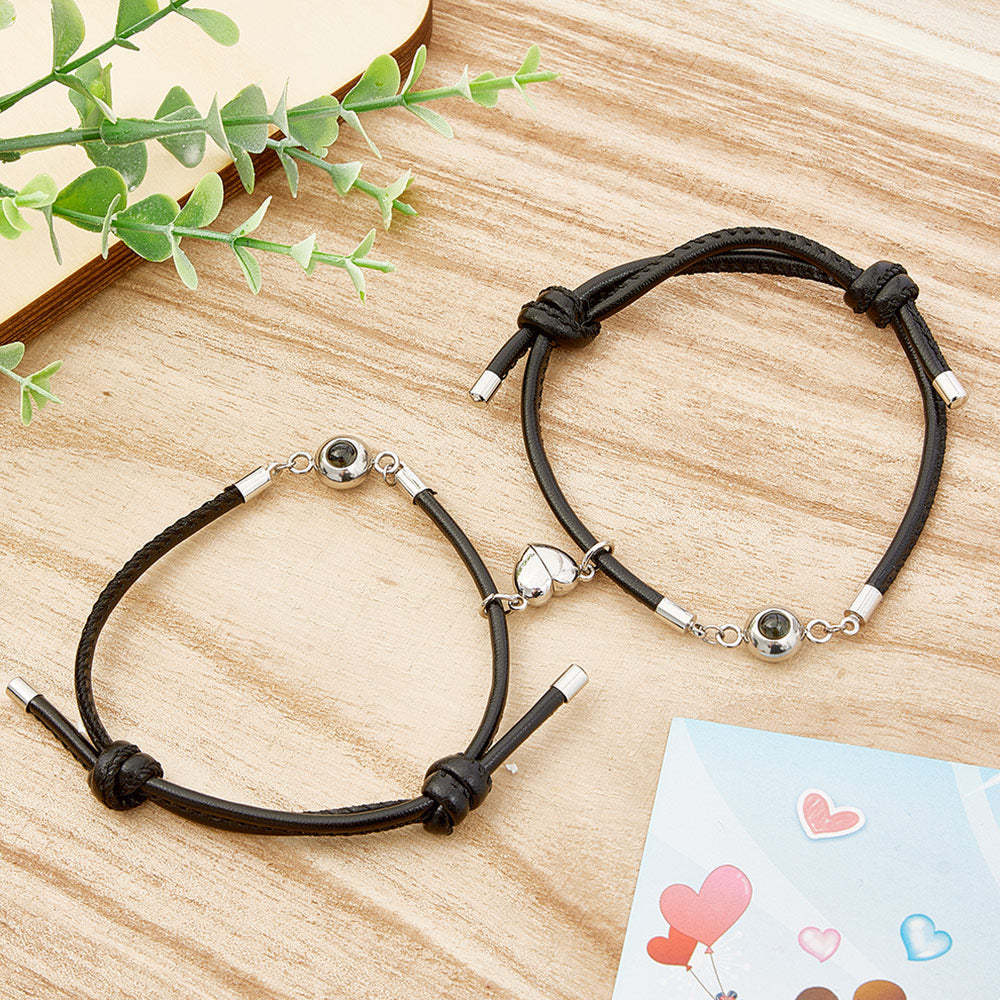 Custom Photo Projection Bracelet Leather Heart Magnetic Bracelet Gift for Couple - yournamenecklaceau