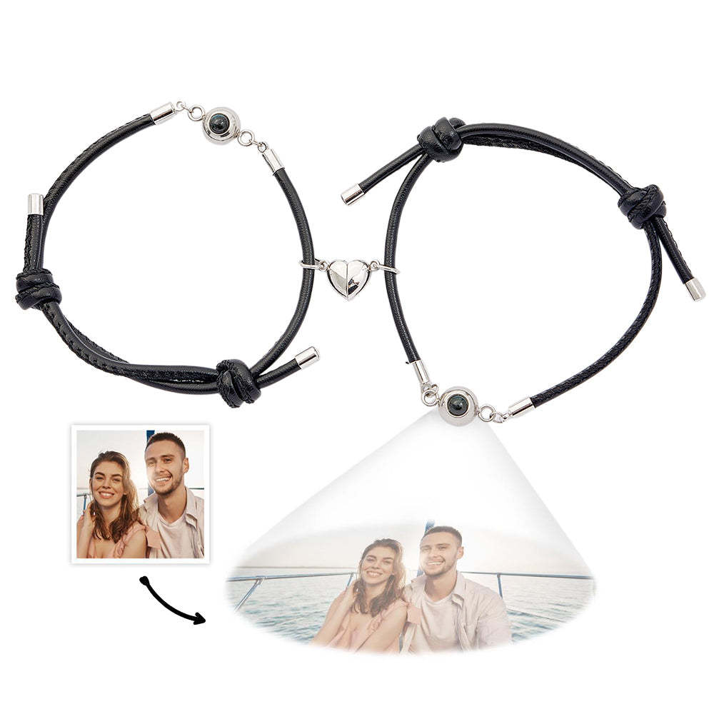 Custom Photo Projection Bracelet Leather Heart Magnetic Bracelet Gift for Couple - yournamenecklaceau