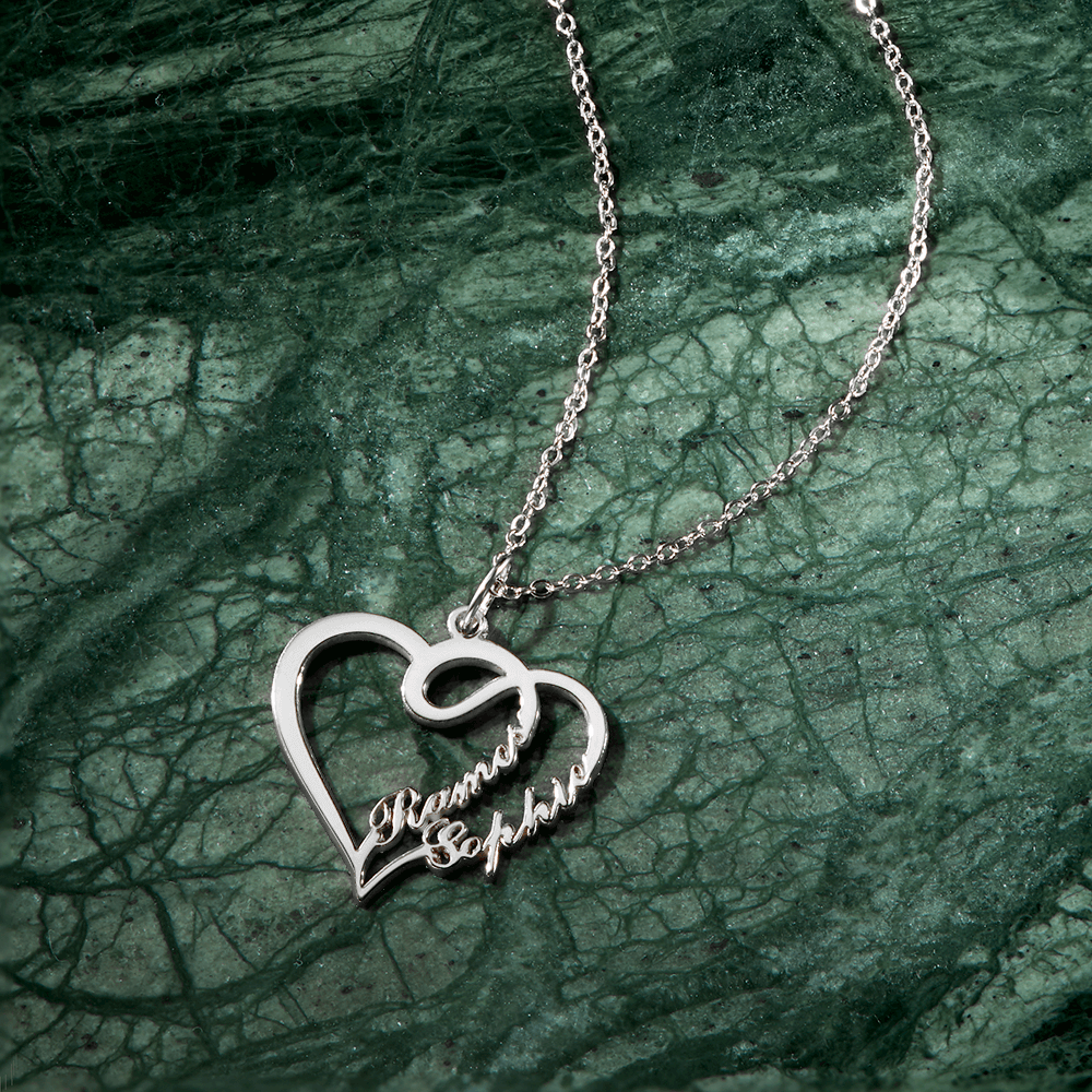 Overlapping Heart Two Name Necklace Silver - yournamenecklace