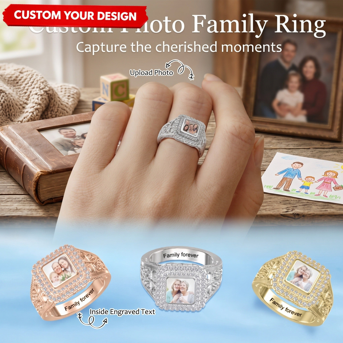 Custom Photo Engraved Name Personalized Square Shaped Ring with Sparkling Diamond Memorial Jewelry Gift For Family Mom Wife Girlfriend - NameNecklaceAU
