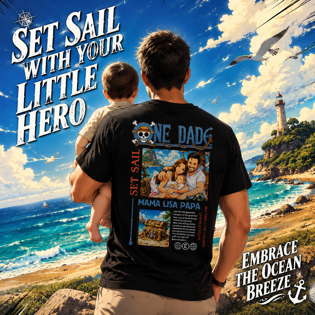 Personalized Family Photo Pirate Tee Custom Photo Anime T-Shirt Father's Day Gifts for Dad