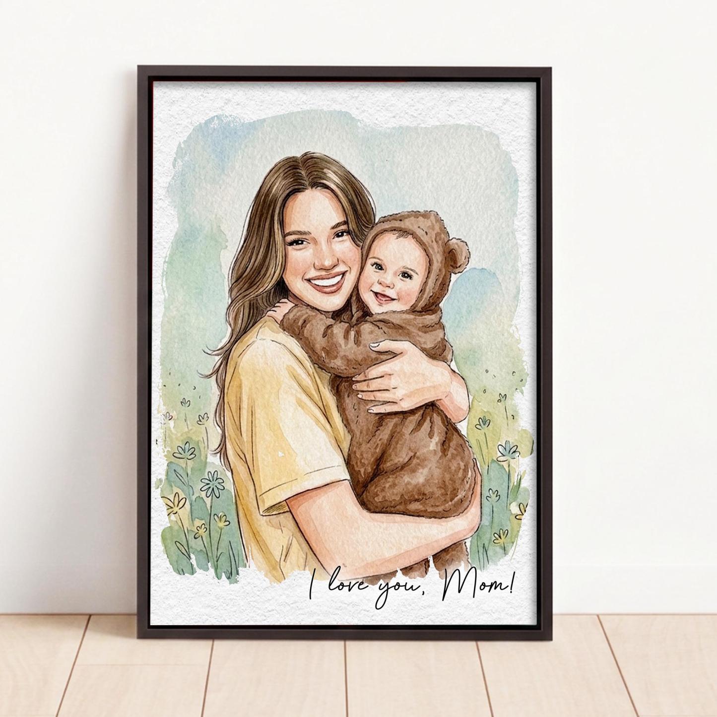Personalized Photo to Illustration Custom Canvas Print Custom Portrait and Message Custom Photo to Art First Mother's Day Gift for New Mom - NameNecklaceAU