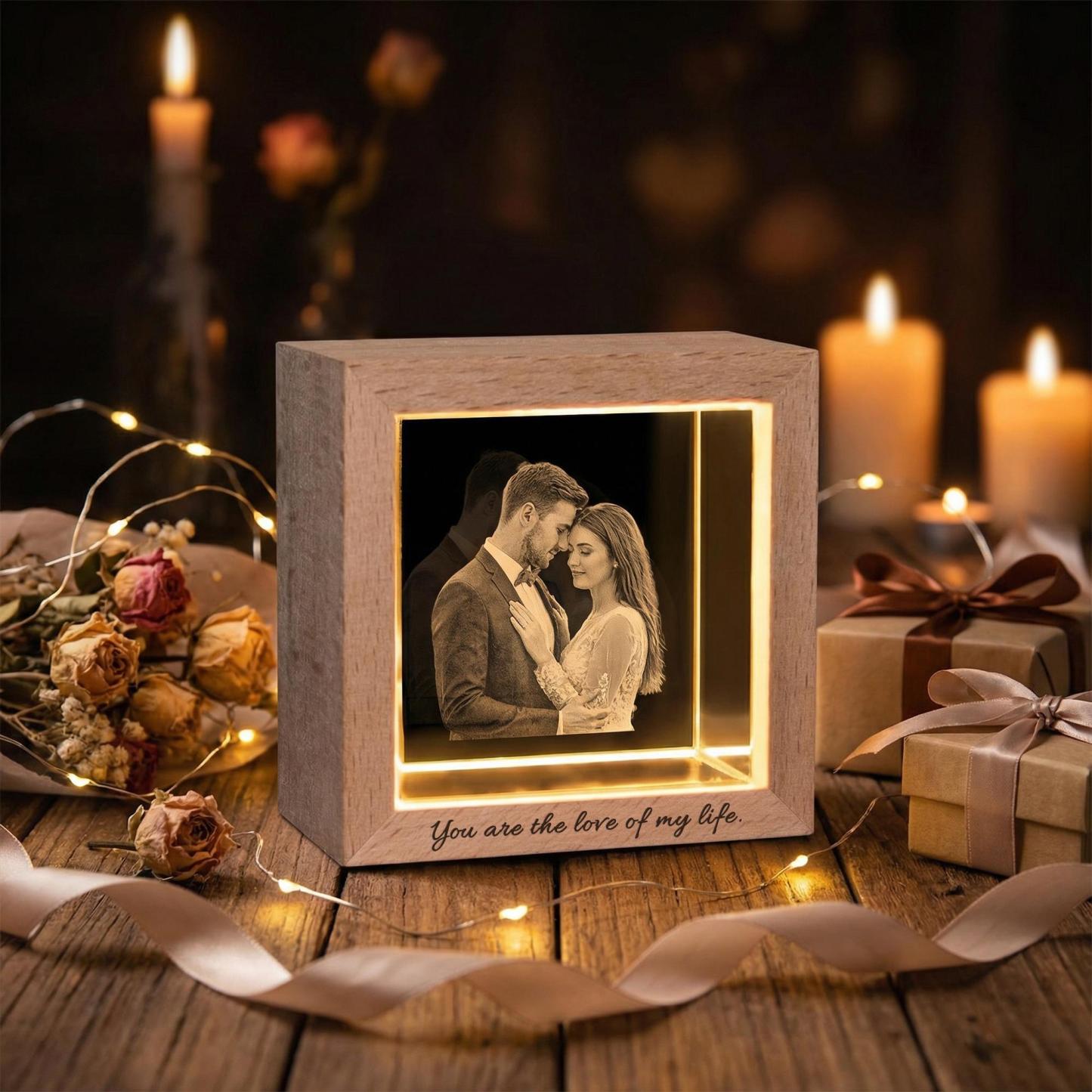 Personalized Photo Crystal Night Light Custom Engraved Base Wooden Frame Lamp Anniversary Gift for Her - NameNecklaceAU