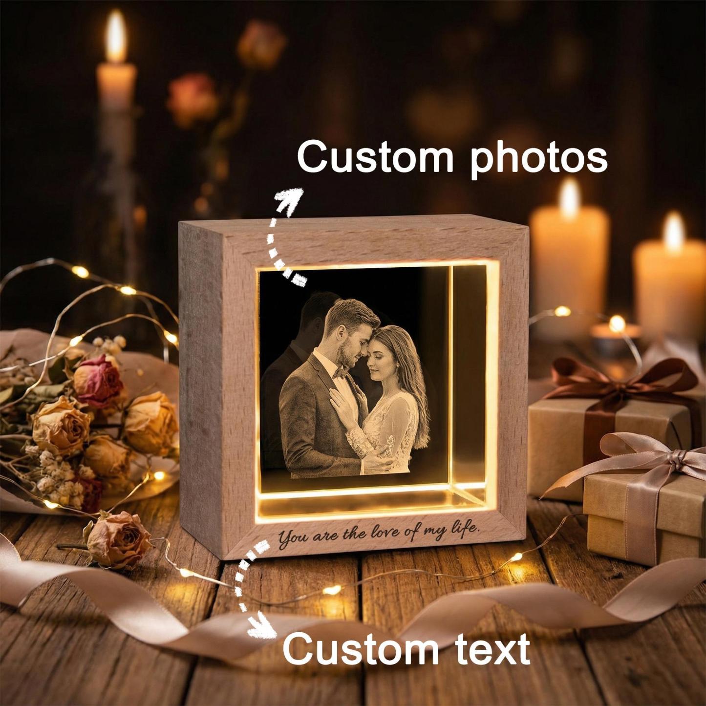 Personalized Photo Crystal Night Light Custom Engraved Base Wooden Frame Lamp Anniversary Gift for Her - NameNecklaceAU